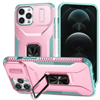 For iPhone 12 Pro Max 6.7 inch Case Rotate Kickstand TPU+PC Phone Cover with Sliding Lens Cover - Pink+Cyan