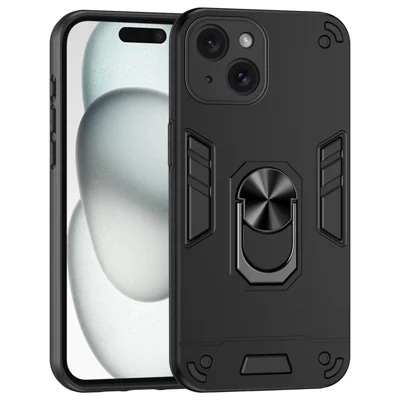 For iPhone 15 Cell Phone Case PC+TPU Kickstand Cover Fits Magnetic Car Mount - Black