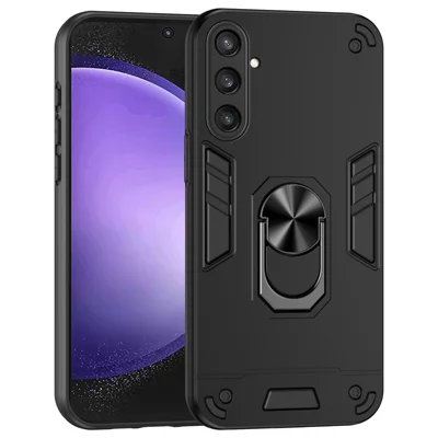 Phone Case for Samsung Galaxy S23 FE Cover Shockproof PC+TPU Rotating Ring Kickstand Shell - Black
