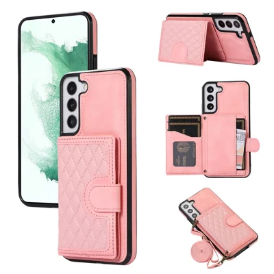 For Samsung Galaxy S21 FE 5G Kickstand Phone Case TPU+PU Leather Shoulder Phone Bag - Rose Gold
