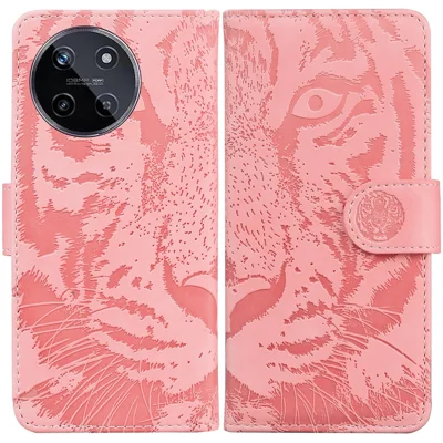 For Realme 11 4G (159.9x73.3x7.95mm) Leather Wallet Case Tiger Pattern Phone Cover - Pink
