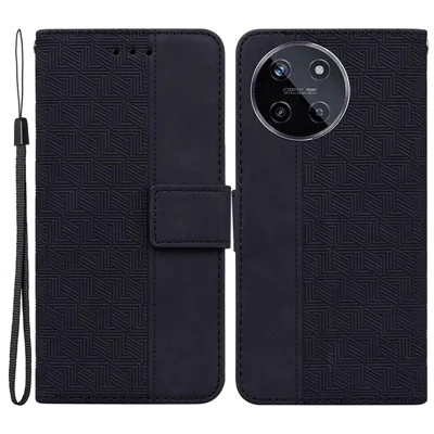 For Realme 11 4G (159.9x73.3x7.95mm) Leather Case Geometry Pattern Phone Wallet - Black