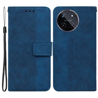For Realme 11 4G (159.9x73.3x7.95mm) Leather Case Geometry Pattern Phone Wallet - Blue