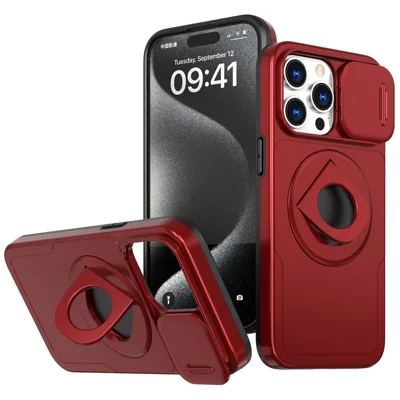 For iPhone 15 Pro Max Case PC+TPU Rotating Kickstand Phone Shell Compatible with MagSafe - Red