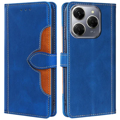 For TECNO Spark 20 Pro Cell Phone Case Straw Hat Design Skin-Touch Wallet PU Leather Stand Cover - Blue