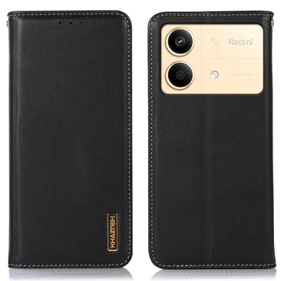 KHAZNEH For Xiaomi Redmi Note 13R Pro 5G Phone Case Genuine Cow Leather RFID Blocking - Black