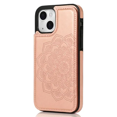 Telefoonhoesje voor iPhone 15 met geprinte mandala bloemenpatroon PU-leer+TPU - Roze goud