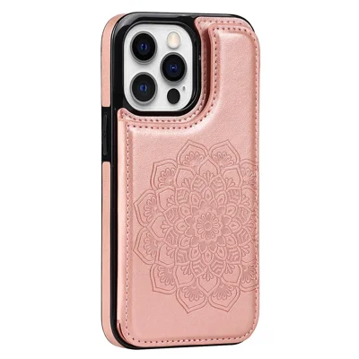 For iPhone 15 Pro Cell Phone Case Imprinted Mandala Flower PU Leather+TPU Anti-fall Cover - Rose Gold