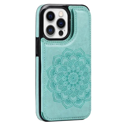 For iPhone 14 Pro Cell Phone Case Mandala Imprinted Drop Proof PU Leather+TPU Cover - Green