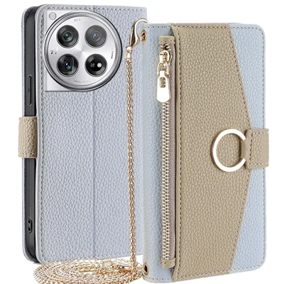 For OnePlus 12 5G Case PU Leather+TPU Zipper Pockets Phone Cover with Mirror and Card Slots - Blue