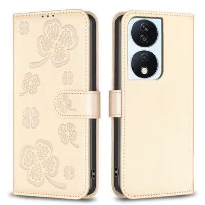 For Honor X7b 4G / 90 Smart Wallet Leather Case Clover Pattern Flip Phone Cover - Gold