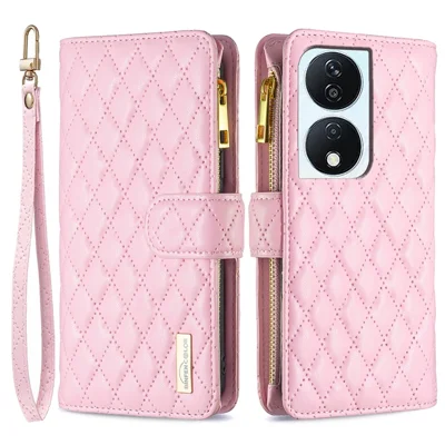 BINFEN COLOR BF Style-15 For Honor X7b 4G / 90 Smart Leather Wallet Case Zipper Pocket Stand Phone Cover - Pink