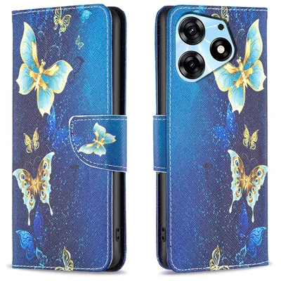 For Infinix Hot 40 / Hot 40 Pro Leather Phone Case Protective Wallet Cover Pattern Printed - Golden Butterflies