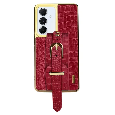 Voor Samsung Galaxy A55 5G Telefoonhoesje Electrolytisch Gegalvaniseerd Leder+TPU Polsbandje Met Steun - Rood