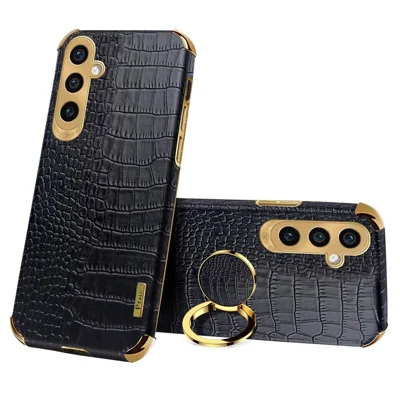For Samsung Galaxy A15 4G / 5G Case Crocodile Texture Electroplated Phone Cover with Kickstand - Black