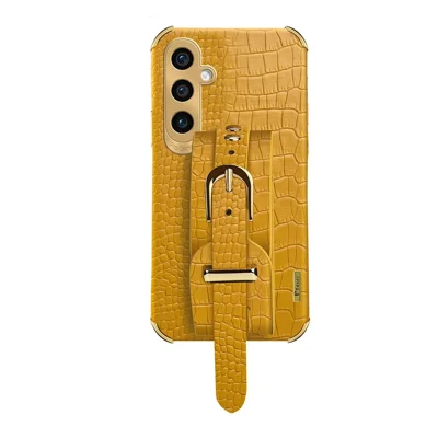 For Samsung Galaxy A15 4G / A15 5G Cell Phone Case Crocodile Texture Wristband Kickstand Back Cover - Yellow
