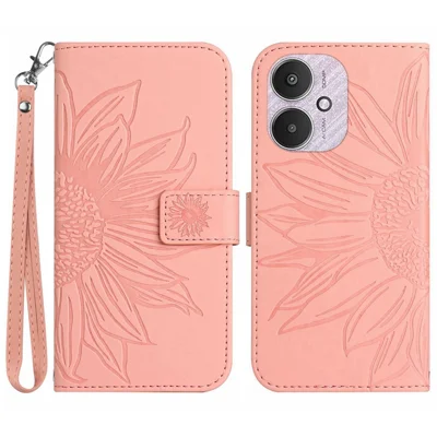 HT04 For Xiaomi Redmi 13C 4G / 5G / 13R 5G / Poco M6 5G / Poco C65 4G Case with Wrist Strap Sunflower Phone Wallet Cover - Light Pink