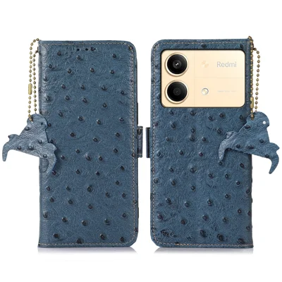 For Xiaomi Redmi Note 13R Pro 5G Wallet Case RFID Blocking Genuine Cow Leather Cover - Blue
