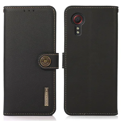 KHAZNEH For Samsung Galaxy Xcover7 Phone Case with RFID Blocking Genuine Cow Leather Cover - Black