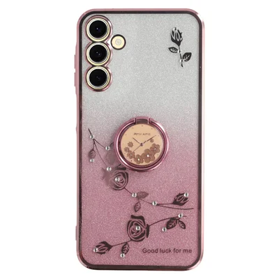 KADEM For Samsung Galaxy A35 5G Cell Phone Case Flower Pattern Ring Kickstand TPU Back Cover - Rose Gold
