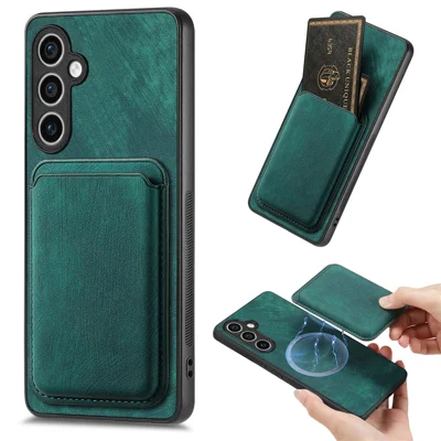 For Samsung Galaxy S23 FE Magnetic Case Leather Back Cover with Detachable Card Holder - Green