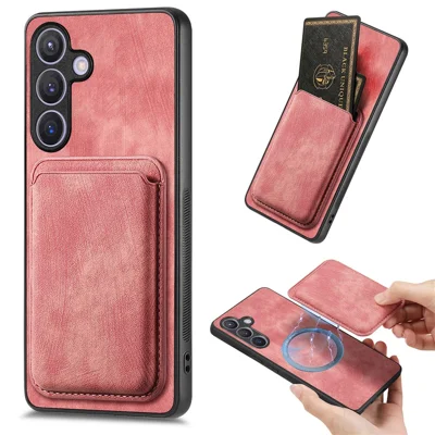 For Samsung Galaxy S24+ Magnetic Case Leather Back Cover with Detachable Card Holder - Pink