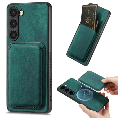 For Samsung Galaxy S23+ Magnetic Case Leather Back Cover with Detachable Card Holder - Green