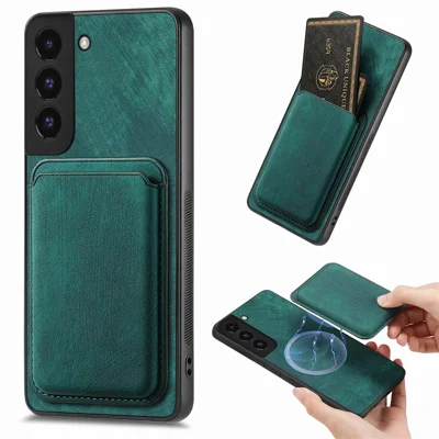 For Samsung Galaxy S22 5G Magnetic Case Leather Back Cover with Detachable Card Holder - Green