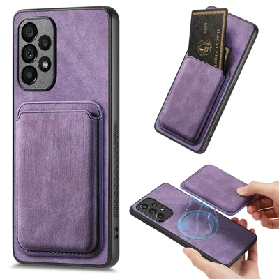For Samsung Galaxy A13 4G Magnetic Case Leather Back Cover with Detachable Card Holder - Purple