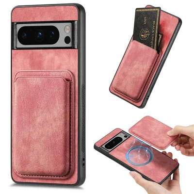 For Google Pixel 8 Pro Magnetic Case Leather Back Cover with Detachable Card Holder - Pink