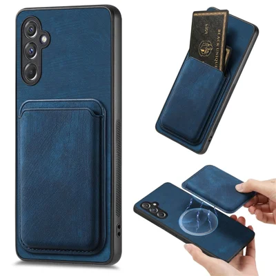 For Samsung Galaxy A15 4G / 5G Magnetic Case Leather Back Cover with Detachable Card Holder - Blue