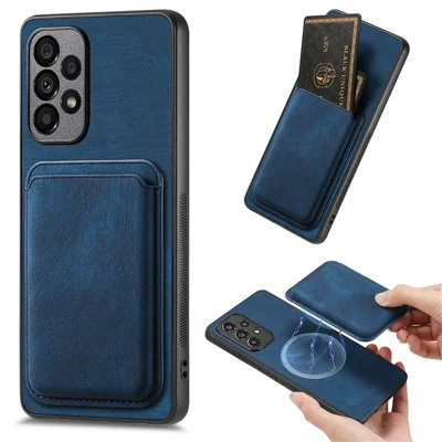 For Samsung Galaxy A53 5G Magnetic Case Leather Back Cover with Detachable Card Holder - Blue
