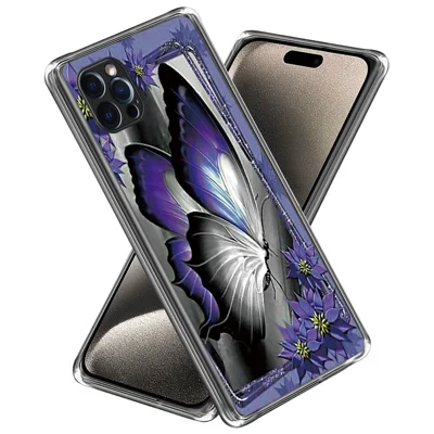 TPU-hoesje met patroon voor iPhone 15 Pro, dun hoesje met paarse vlinderprint