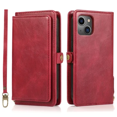 For iPhone 15 Plus Cell Phone Case Detachable 2-in-1 Wallet Leather Cover with Strap - Red