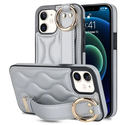 For iPhone 12 mini Case Wave Pattern PU+TPU Kickstand Phone Cover - Silver