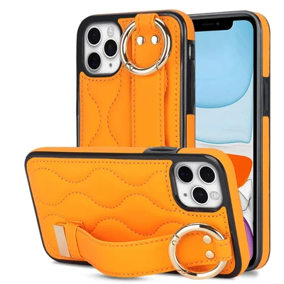 For iPhone 11 Pro Wave Pattern Cell Phone Case PU+TPU Wristband Cover - Orange