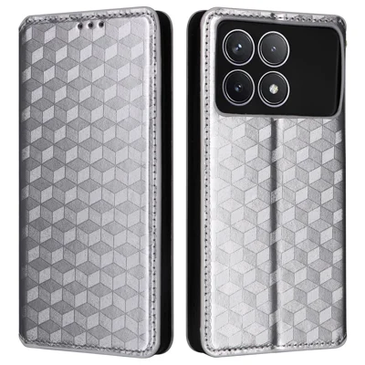 For Xiaomi Poco F6 Pro 5G / Redmi K70 5G / K70 Pro 5G Leather Case Rhombus Pattern Flip Wallet Cover - Silver