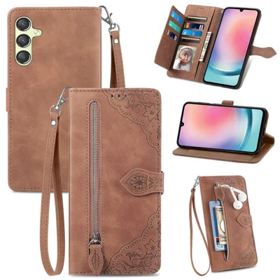 For Samsung Galaxy A25 5G (Global) (161.0 x 76.5 x 8.3mm) Zipper Wallet Case with Strap Flower Imprint PU Leather Phone Cover - Brown