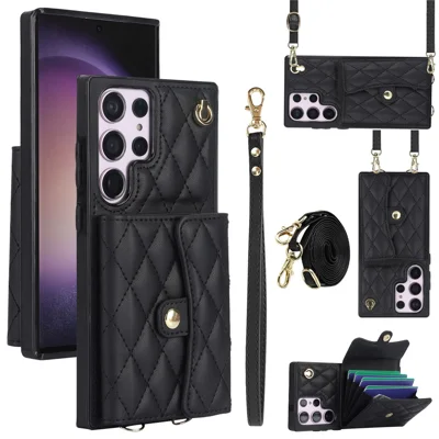 026 For Samsung Galaxy S23 Ultra Phone Case Card Slots Kickstand Cover with 2 Straps - Black