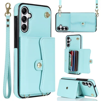 For Samsung Galaxy S24 Card Slots Phone Case Kickstand Crossbody Phone Cover - Blue