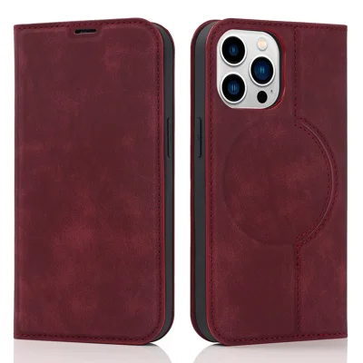 For iPhone 14 Pro Max Case PU Leather RFID Blocking Magnetic Auto-absorbed Cover - Red