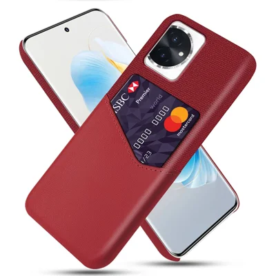 Cloth Texture Phone Case for Honor 100 5G PU Leather + PC Cover with Card Slot - Red