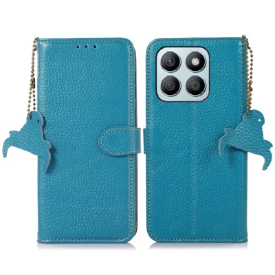 For Honor X8b 4G Phone Case Genuine Cow Leather Wallet Cover RFID Blocking - Blue