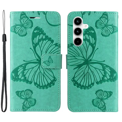For Samsung Galaxy A35 5G Wallet Case Floral Butterfly Imprinted Leather Phone Cover Stand - Green