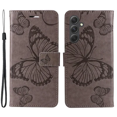 For Samsung Galaxy A55 5G Wallet Case Floral Butterfly Imprinted Leather Phone Cover Stand - Grey