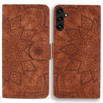 For Samsung Galaxy A35 5G Cell Phone Case Imprinted Flower Leather Wallet Cover - Brown