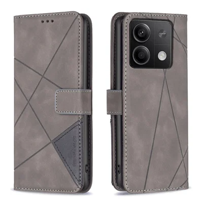 BINFEN COLOR For Xiaomi Redmi Note 13 4G Phone Cases Wallet Stand Geometry Imprint Leather Cover - Grey