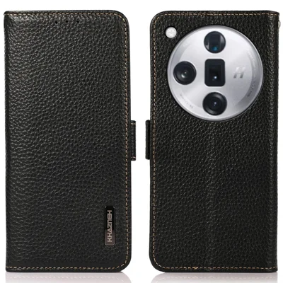 KHAZNEH For Oppo Find X7 5G Case Genuine Cow Leather+TPU Litchi Texture Phone Cover - Black