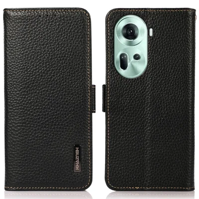 KHAZNEH For Oppo Reno11 5G (Global) Magnetic Case RFID Blocking Litchi Texture Phone Cover - Black