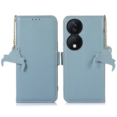 For Honor X7b 4G / 90 Smart / Play 50 Plus 5G Genuine Cow Leather Case RFID Blocking Wallet - Blue